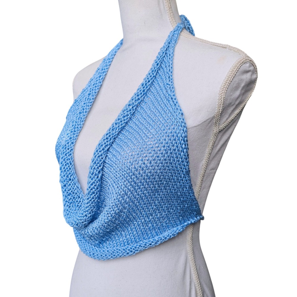 Handmade Knit Halter Top Blue, Small to Medium, Boho Festival Wear, Rave Clothes - Picture 8 of 8